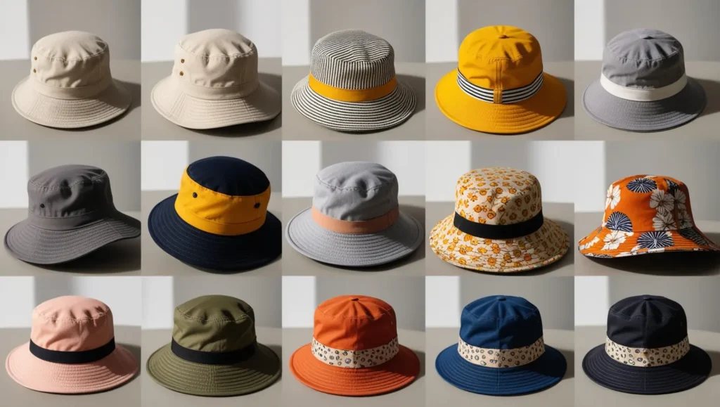 A collage of bucket hats in different colors and patterns (neutral, bright, and patterned), displayed in a way that shows their versatility in styling.