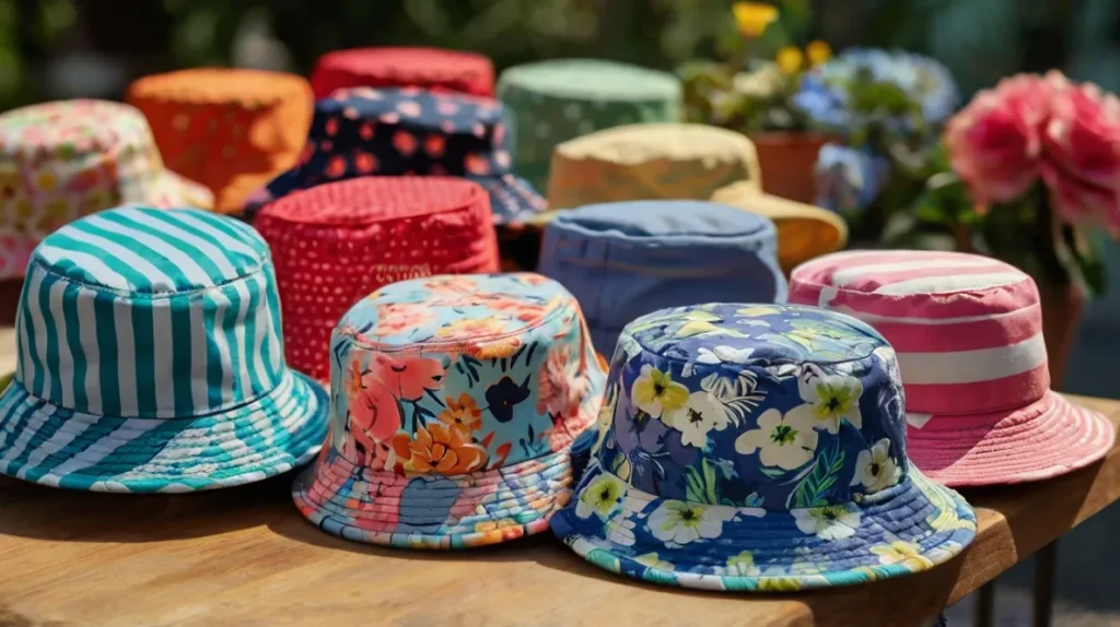 A display of various infant bucket hats on a table in different colors and patterns, ranging from striped to floral designs