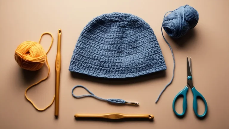 A flat lay image of crochet tools and materials, including yarn, a crochet hook, scissors, and a partially crocheted bucket hat in progress.