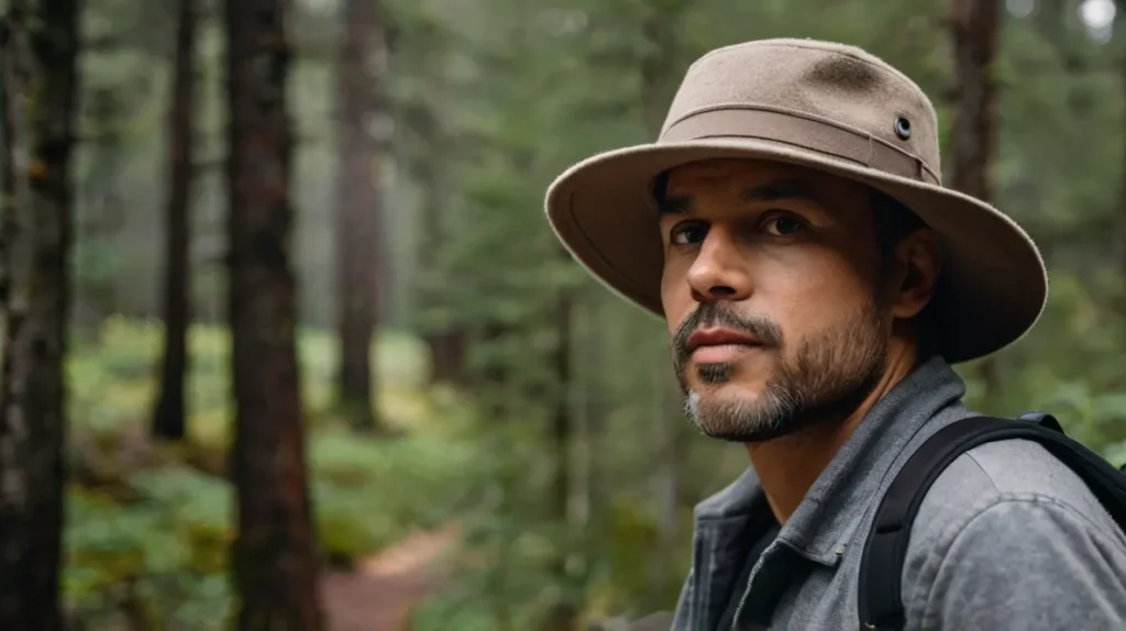 A Man Wearing A Wool Bucket Hat With A Wide Brim Enjoying An Outdoor Hike