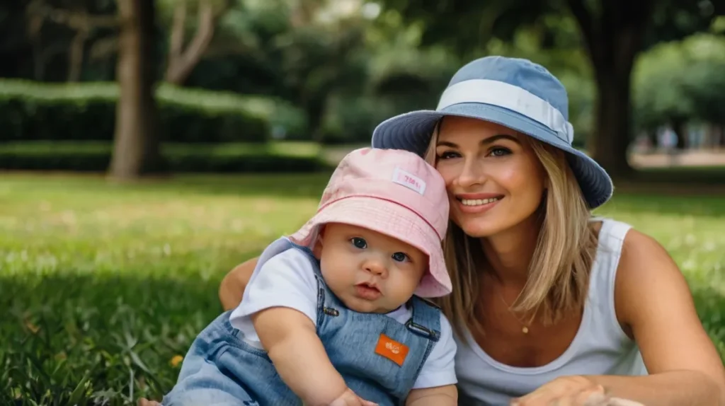 A mother and baby both wearing matching bucket hats while sitting in a park