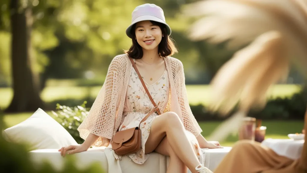 A pastel-colored bucket hat paired with a floral dress or light jacket, sneakers, and a crossbody bag for a walk in the park or a casual brunch.