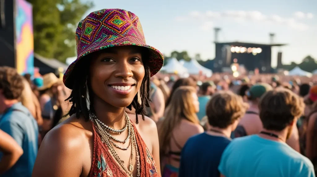 A person at a music festival, wearing a brightly patterned bucket hat, a boho-style dress, and layered jewelry, with a festival crowd or stage in the background, capturing the lively energy of the event.