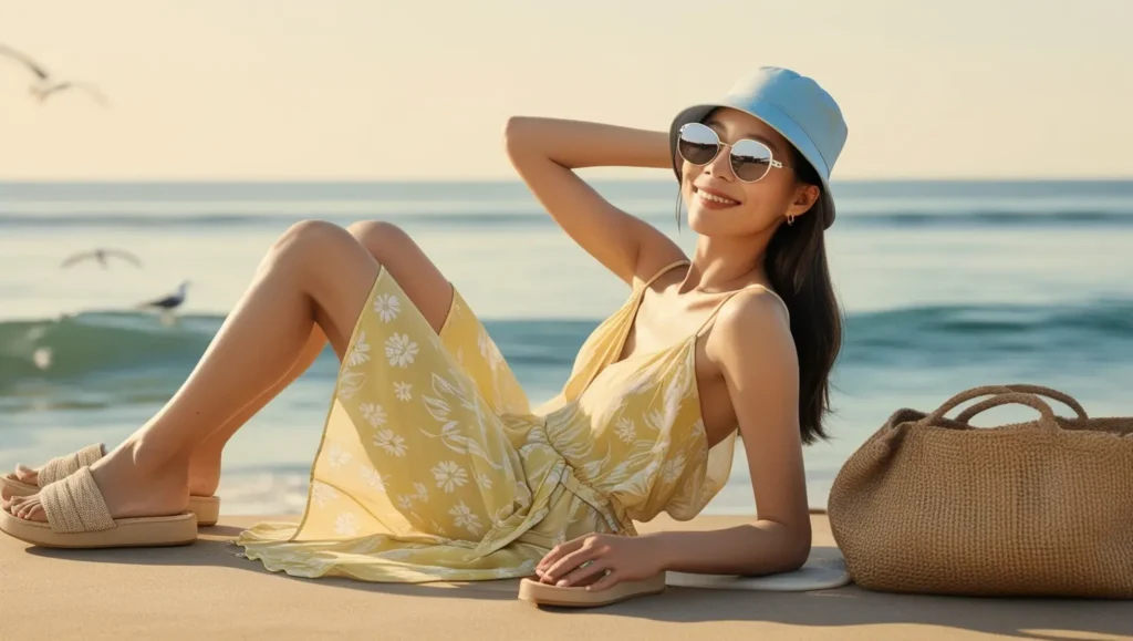 A person at the beach, wearing a light-colored bucket hat, a sundress, and sandals, relaxing near the water with a beach bag and sunglasses.