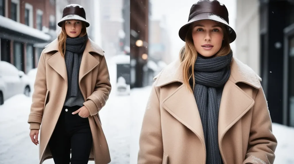 A person dressed for winter in a heavy coat, scarf, and leather bucket hat, walking in a snowy urban setting.