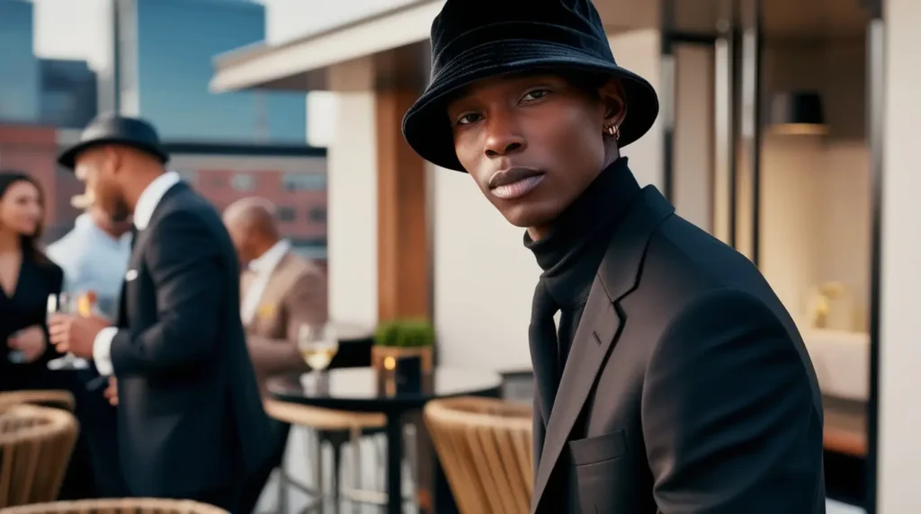 A person dressed in a black velvet bucket hat and a tailored black suit at a stylish, modern venue.