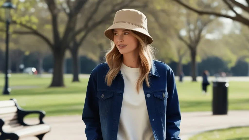 A person walking through a park, wearing a beige bucket hat, denim jacket, and casual sneakers.