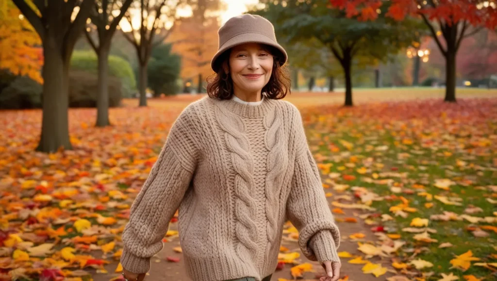 A person walking through a park with fall foliage, wearing a wool bucket hat, a cozy sweater, and ankle boots. The warm colors of the leaves and outfit should create a cozy autumn atmosphere.