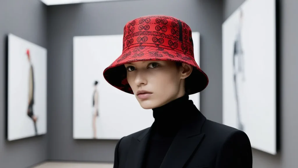 A person wearing a bold red or patterned bucket hat with an all-black outfit.