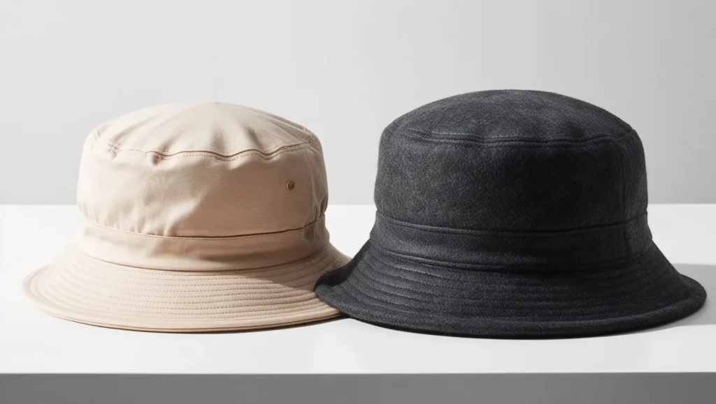 A side-by-side comparison of two bucket hats—one made of lightweight cotton for summer and the other made of cozy wool for winter, highlighting the contrast between seasonal materials.