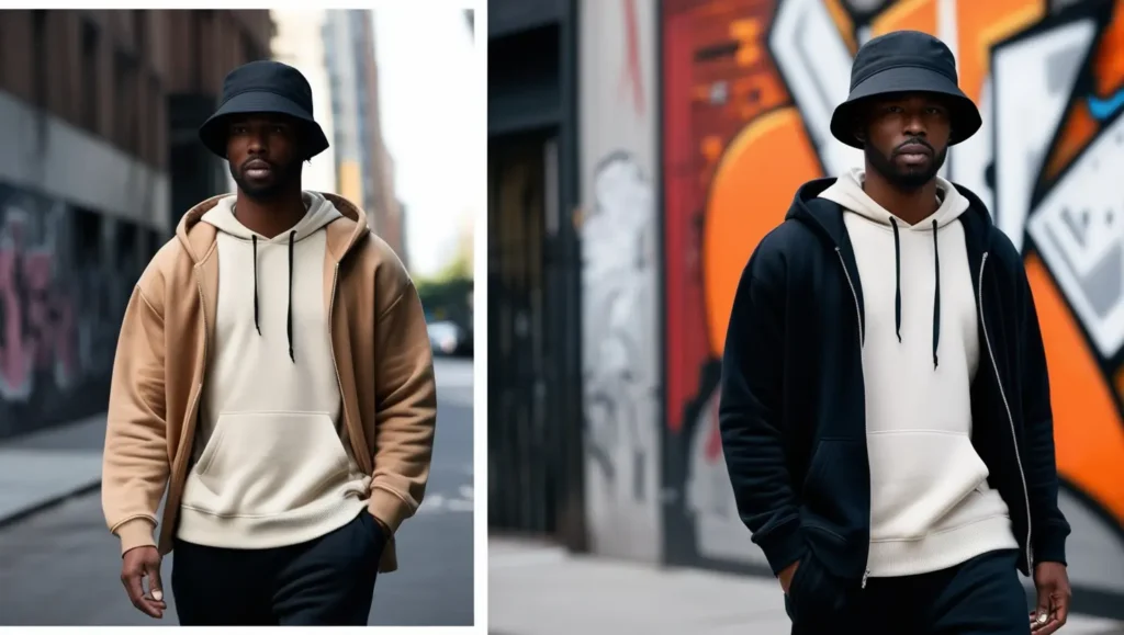 A street-style outfit featuring a black bucket hat, a loose hoodie, and joggers.