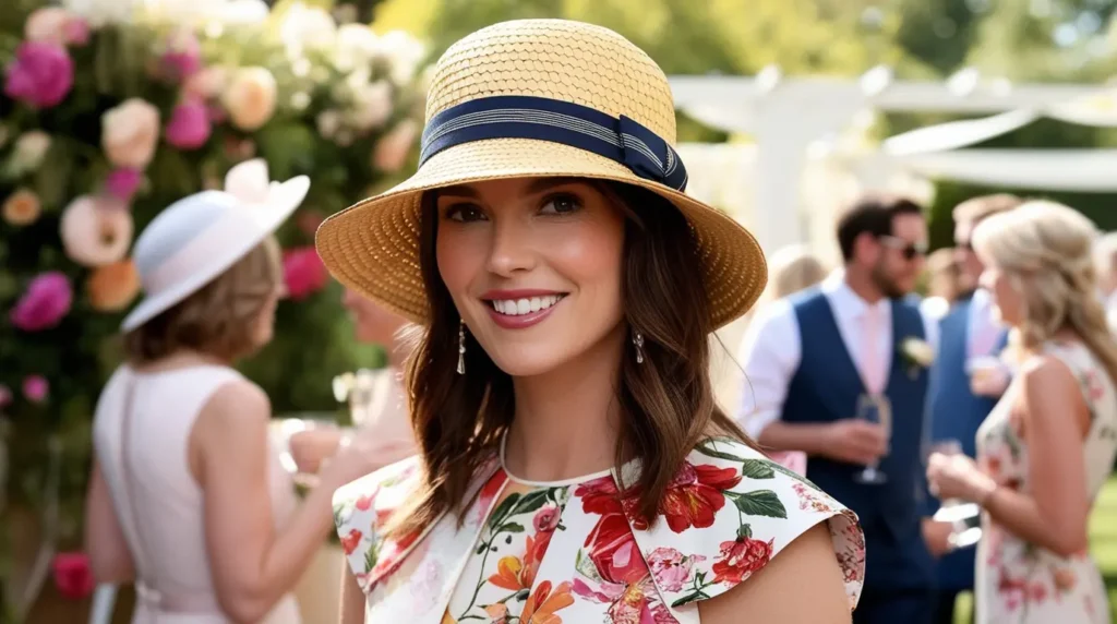 A stylish guest at an outdoor wedding or garden party, wearing a straw bucket hat with a ribbon and a floral dress.