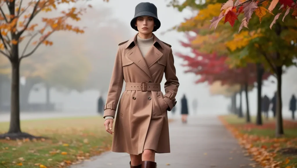 A stylish individual wearing a wool bucket hat with a trench coat and ankle boots in an autumn setting—perhaps walking through a park or down a city street, surrounded by fall leaves.