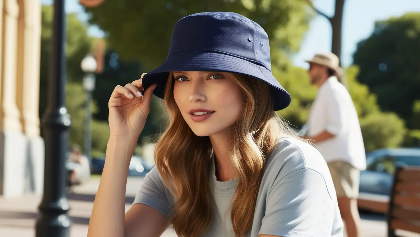 A stylish person wearing a classic bucket hat in a sunny, casual outdoor setting—perhaps sitting in a park or walking down the street.