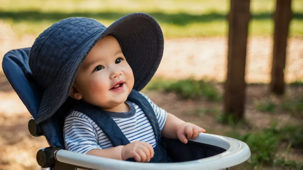 A Toddler Wearing A Floppy Brimmed Hat Sitting In A Stroller On A Sunny Day