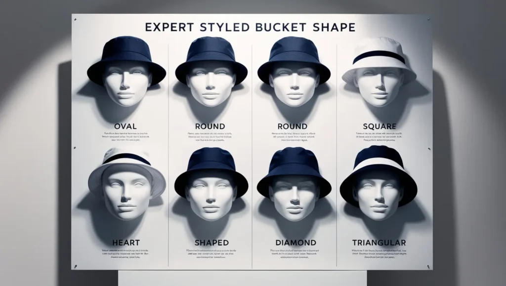 A visual chart showing different face shapes alongside recommended bucket hat styles for each, with short captions explaining how the shape complements the face.