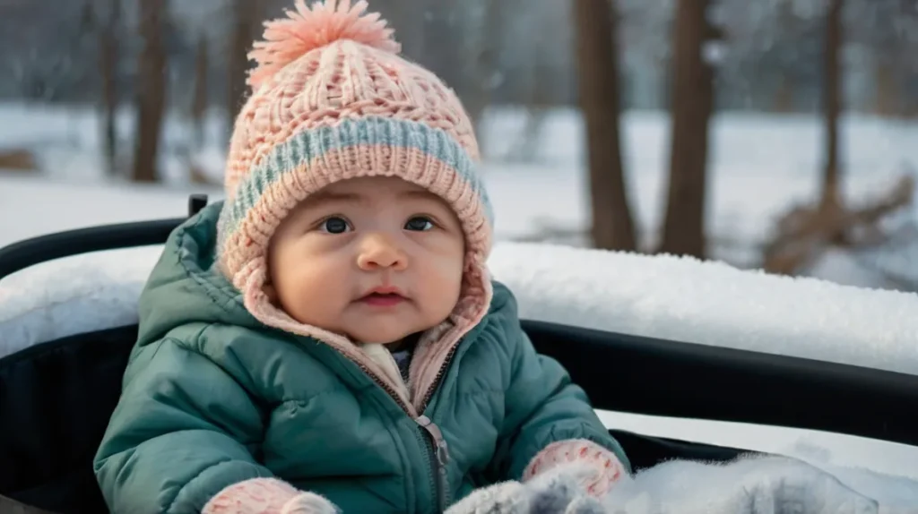 A winter scene of a baby wearing a wool knit hat and matching mittens while sitting in a stroller