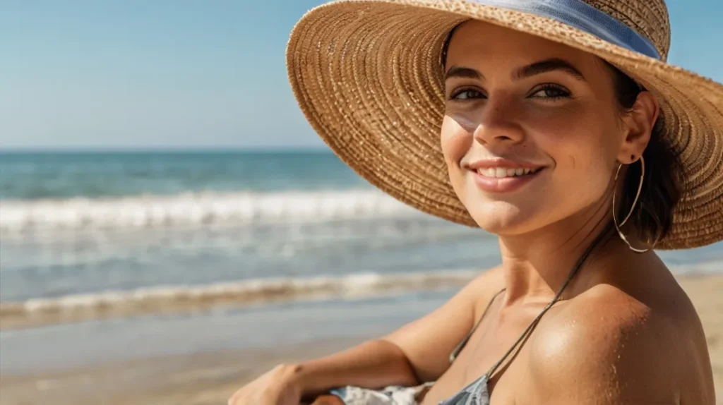 A woman on a sunny day wearing a wide-brimmed straw bucket hat, enjoying the beach