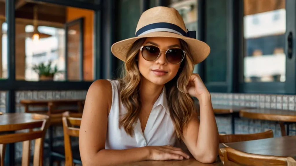 A woman wearing a fedora hat with a ribbon, paired with sunglasses, sitting in a stylish café