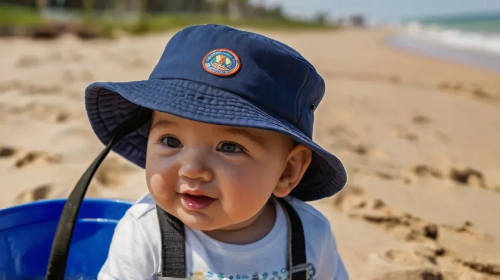 Close Up Shot Of A Baby Wearing A Navy Blue Bucket Hat While Playing In The Sand