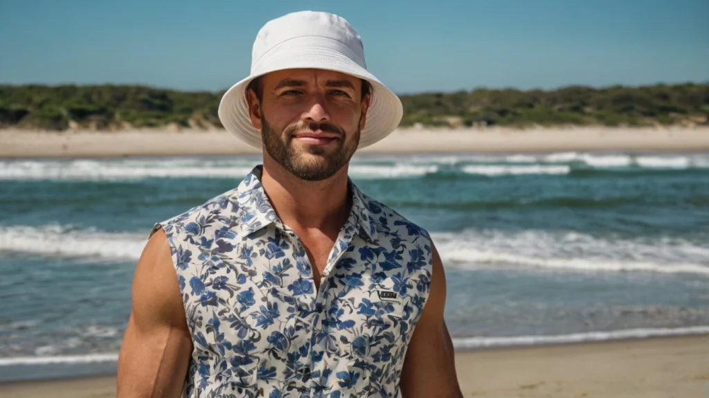 Image of a man wearing a Mens Bucket Hat at the beach