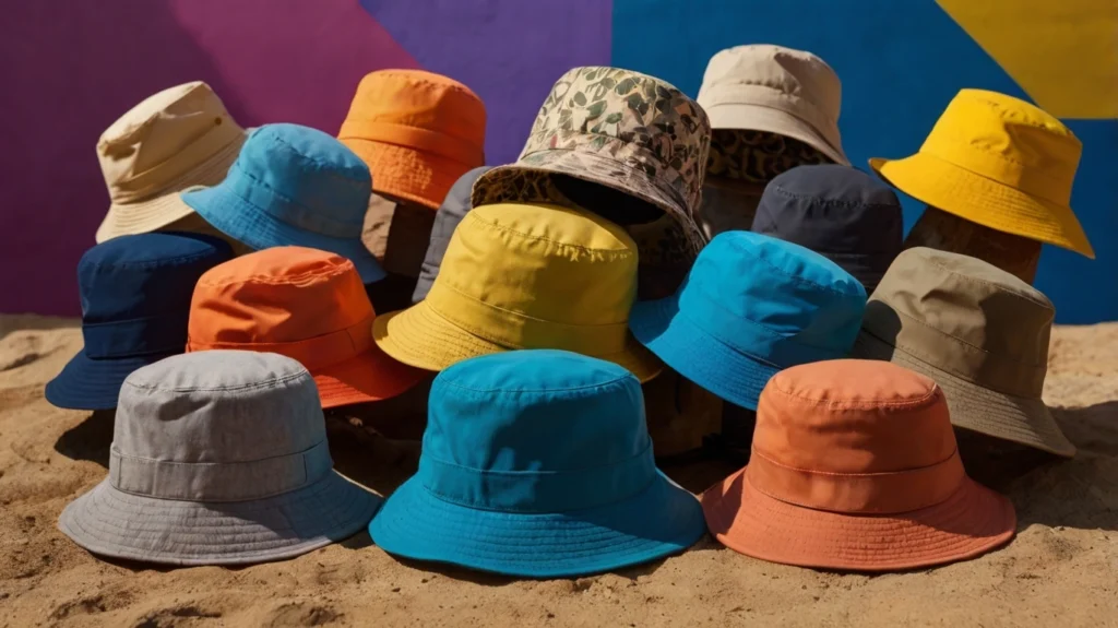 Image showing a variety of Mens Bucket Hats displayed on a colorful background