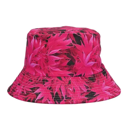 a pink bucket hat with leaves on it