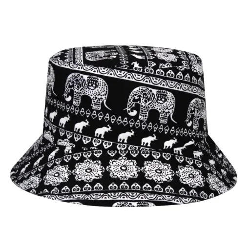 a black and white hat with elephants on it