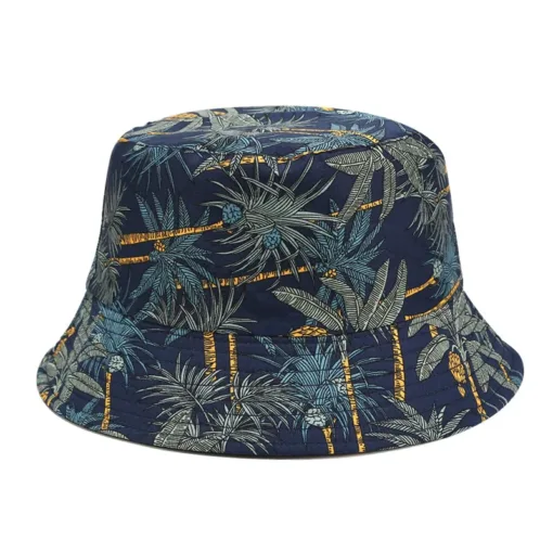 a blue bucket hat with palm trees on it