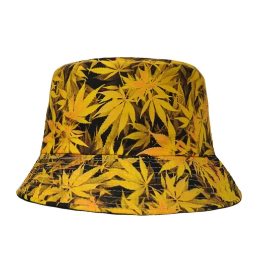 a yellow hat with leaves on it