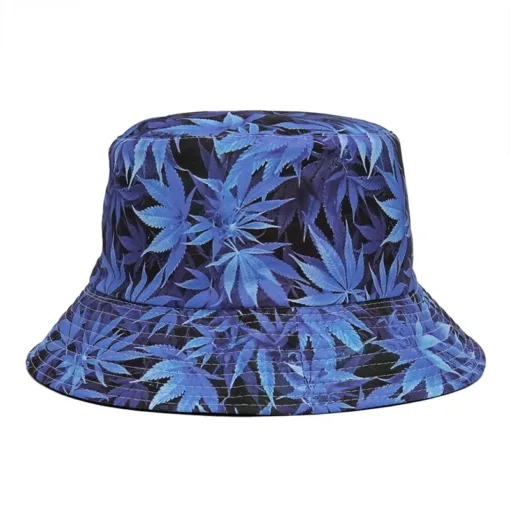 a blue bucket hat with leaves on it