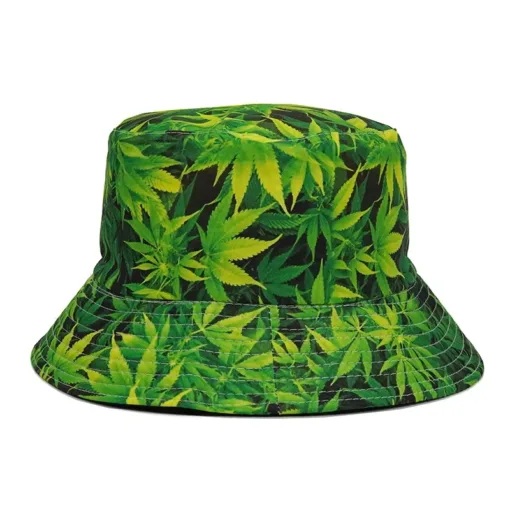 a green hat with leaves on it