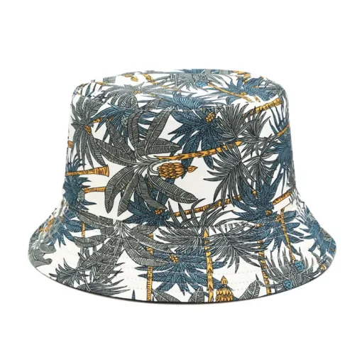 a white and blue hat with palm trees on it