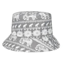 a grey hat with elephants on it