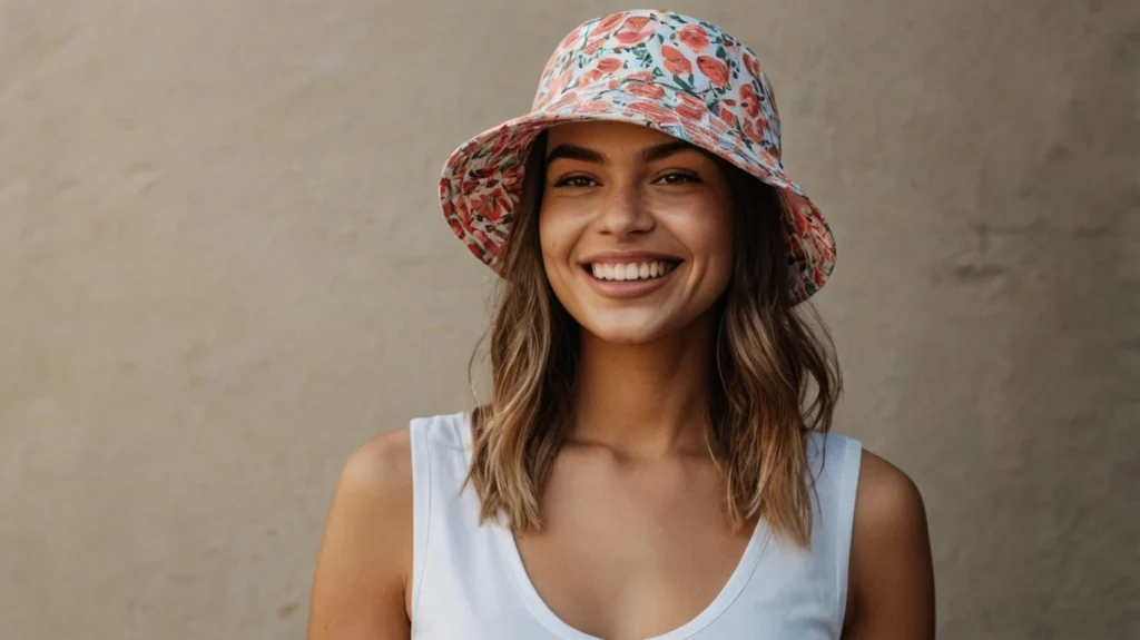 Smiling woman bucket hat