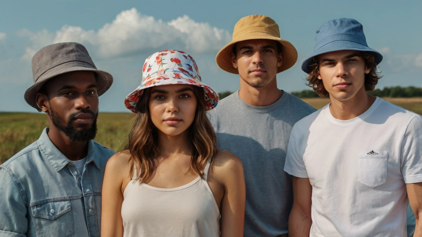 Young people and adults wearing stylish bucket hats