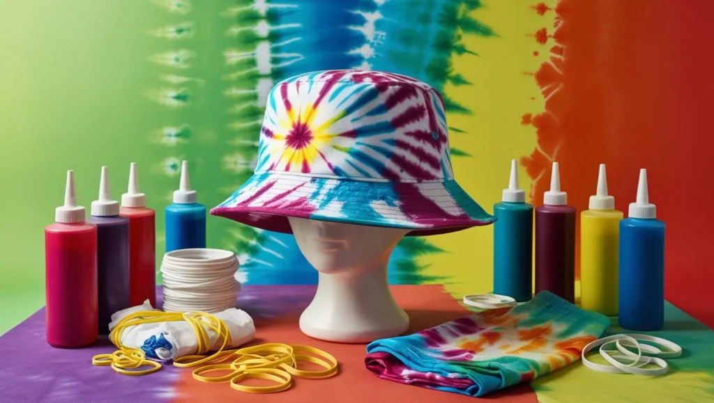 A beautifully styled tie-dye bucket hat displayed against a colorful background