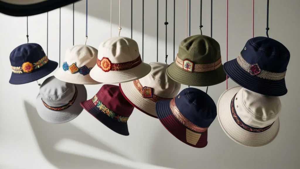 A close-up of different customizations—embroidery, patches, decorative stitching, and lining—on various bucket hats, showcasing how creative details can transform the design.