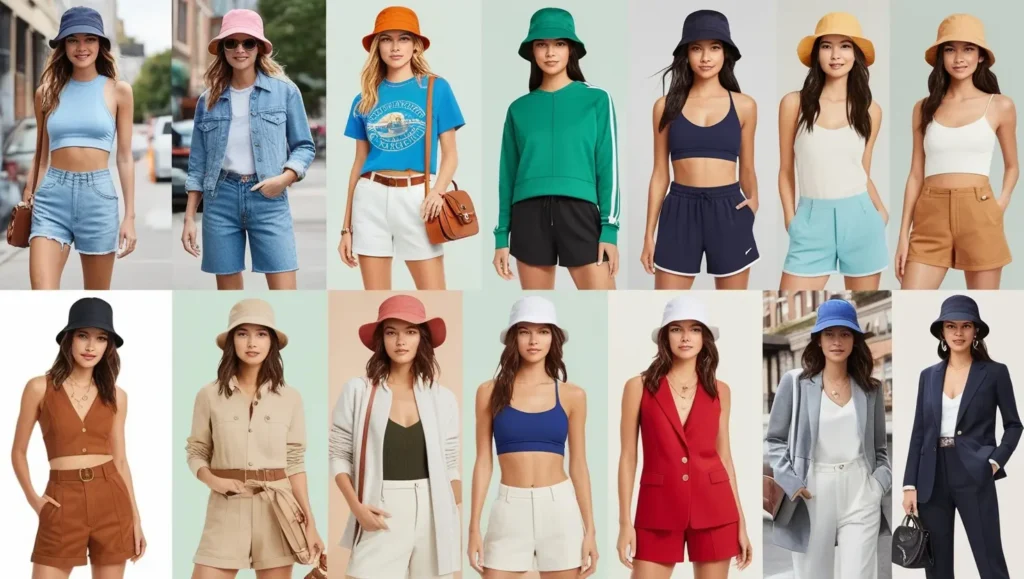 A collage featuring different outfits styled with a bucket hat, including casual streetwear, summer looks, sporty outfits, and dressy ensembles.