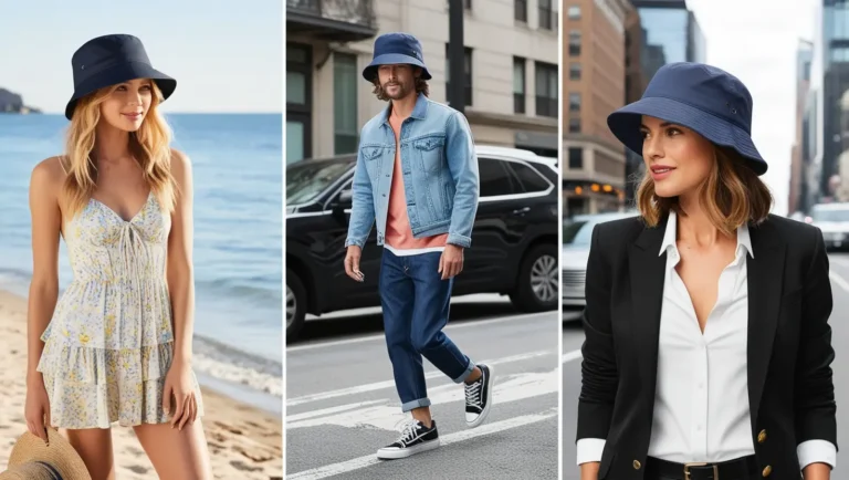 A collage of people wearing bucket hats in different environments.