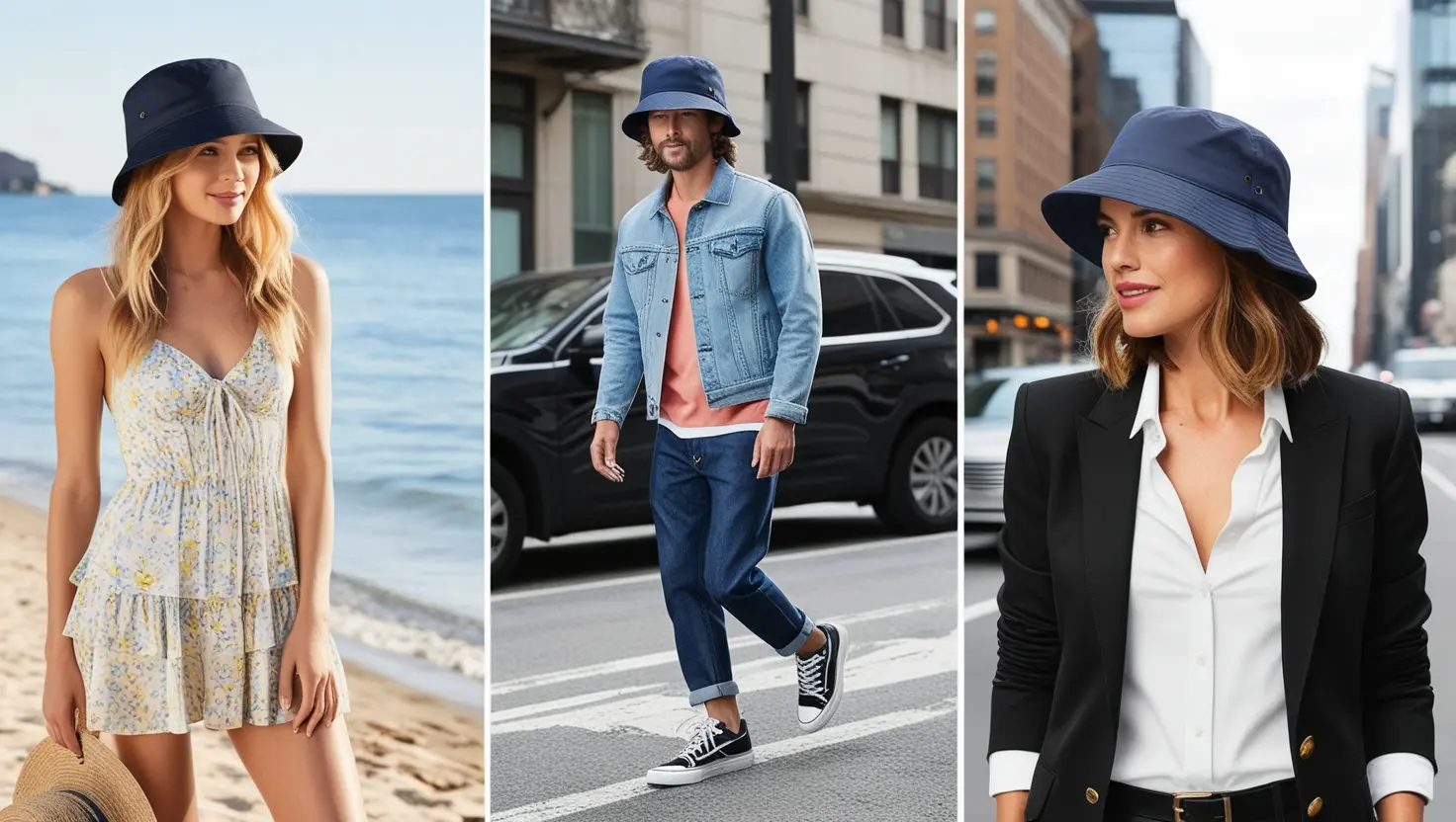 A collage of people wearing bucket hats in different environments.