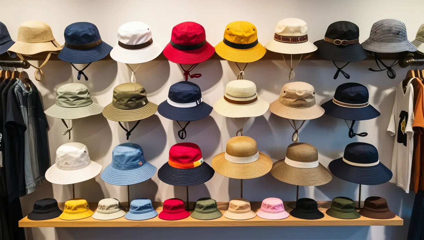 A colorful array of bucket hats displayed on shelves or hung on hooks Articles Your Bucket Hat