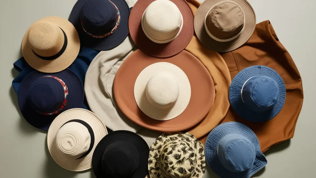 A flat lay of assorted bucket hats, showing a mix of neutral colors, bold prints, and fabrics like cotton, denim, and canvas.