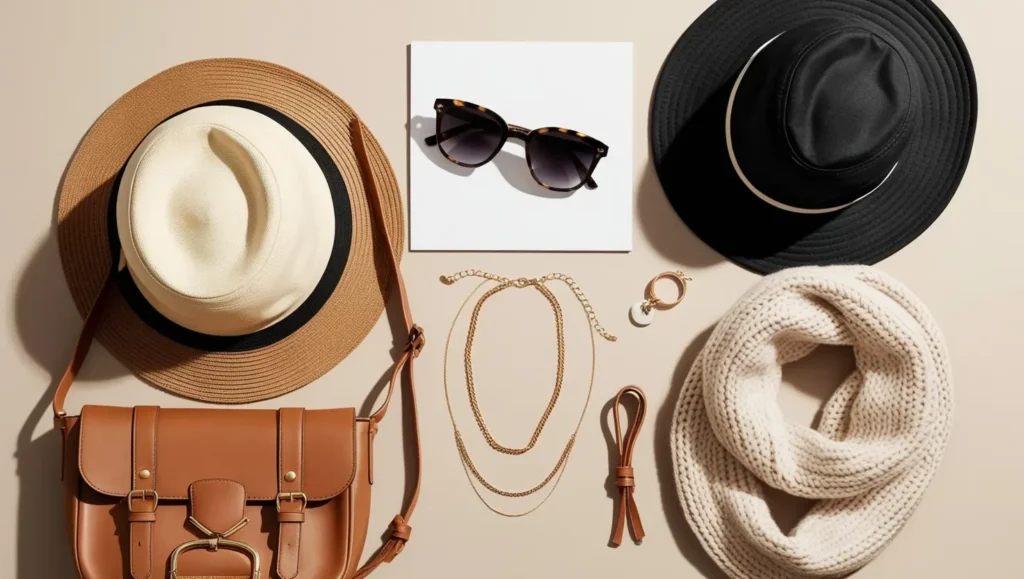 A flat lay or styled image showing a bucket hat alongside sunglasses, a crossbody bag, layered necklaces, and a knit scarf.