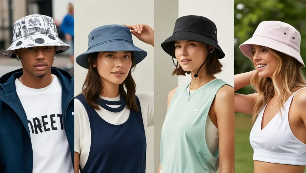 A lifestyle shot of people wearing bucket hats in a variety of casual settings.