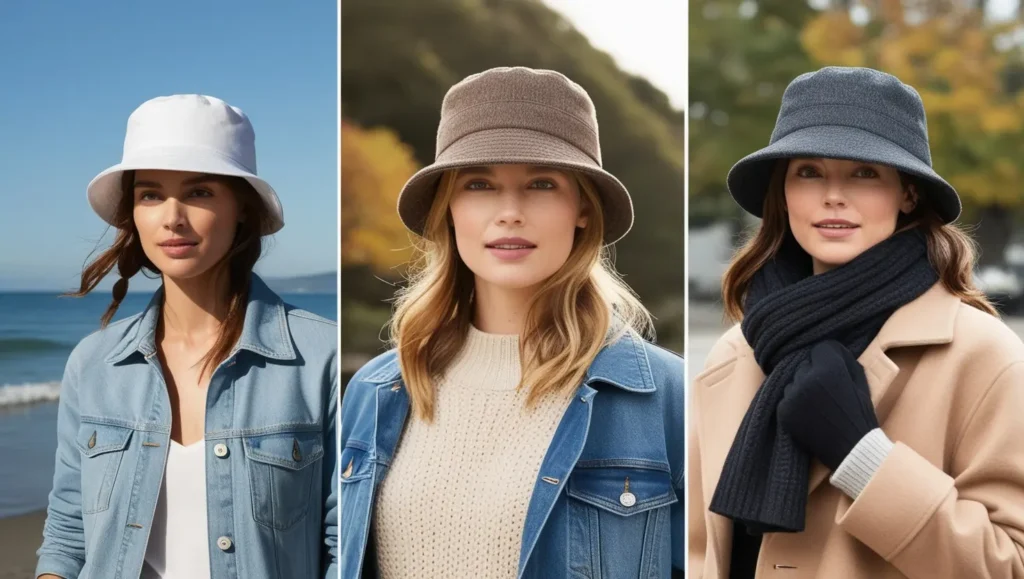 A multi-season image set showing models wearing bucket hats in different environments.