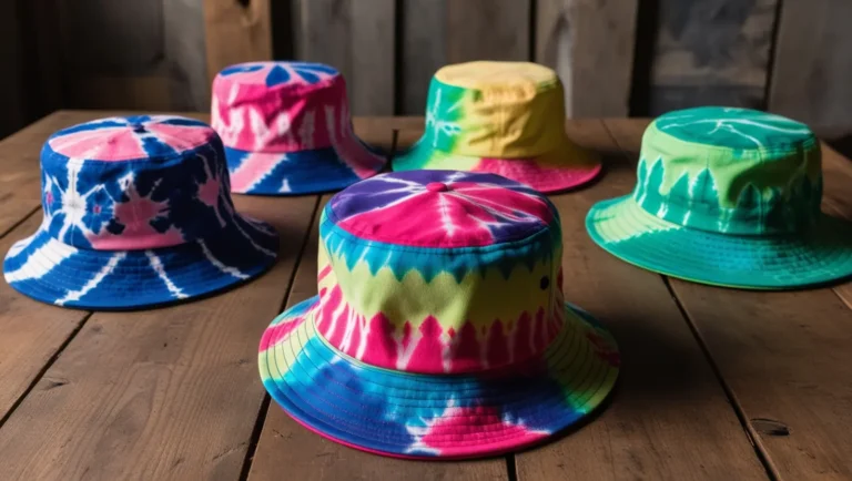 A set of colorful finished tie dye bucket hats arranged