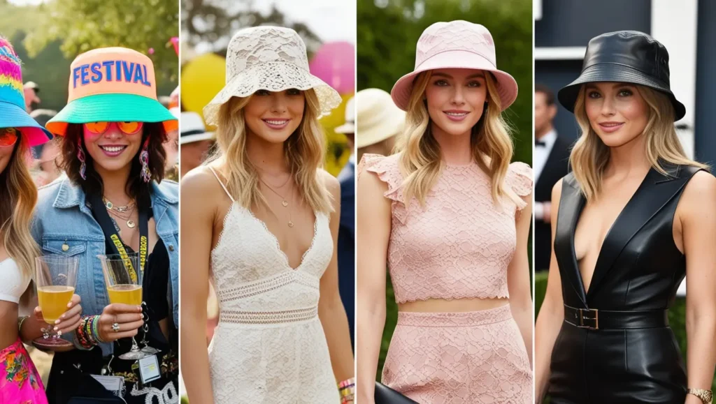 A set of images showing people at various events wearing bucket hats.