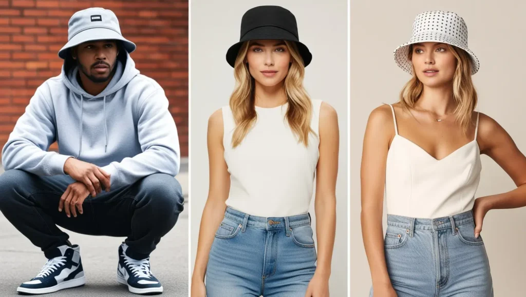 A split-image or collage showing a man in a streetwear bucket hat paired with hoodies and sneakers, while a woman rocks a chic bucket hat with a dress or high-waisted jeans.