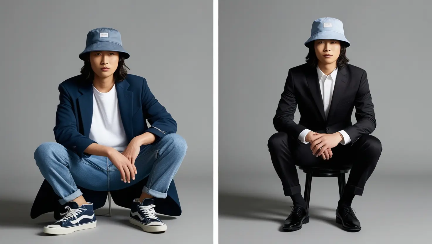 A split-screen image featuring two models wearing bucket hats in different contexts.